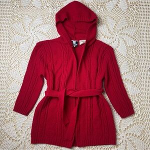 Vintage 1990s In Design Girls 4/5 Red Knit Hooded Long Belted Cardigan Sweater
